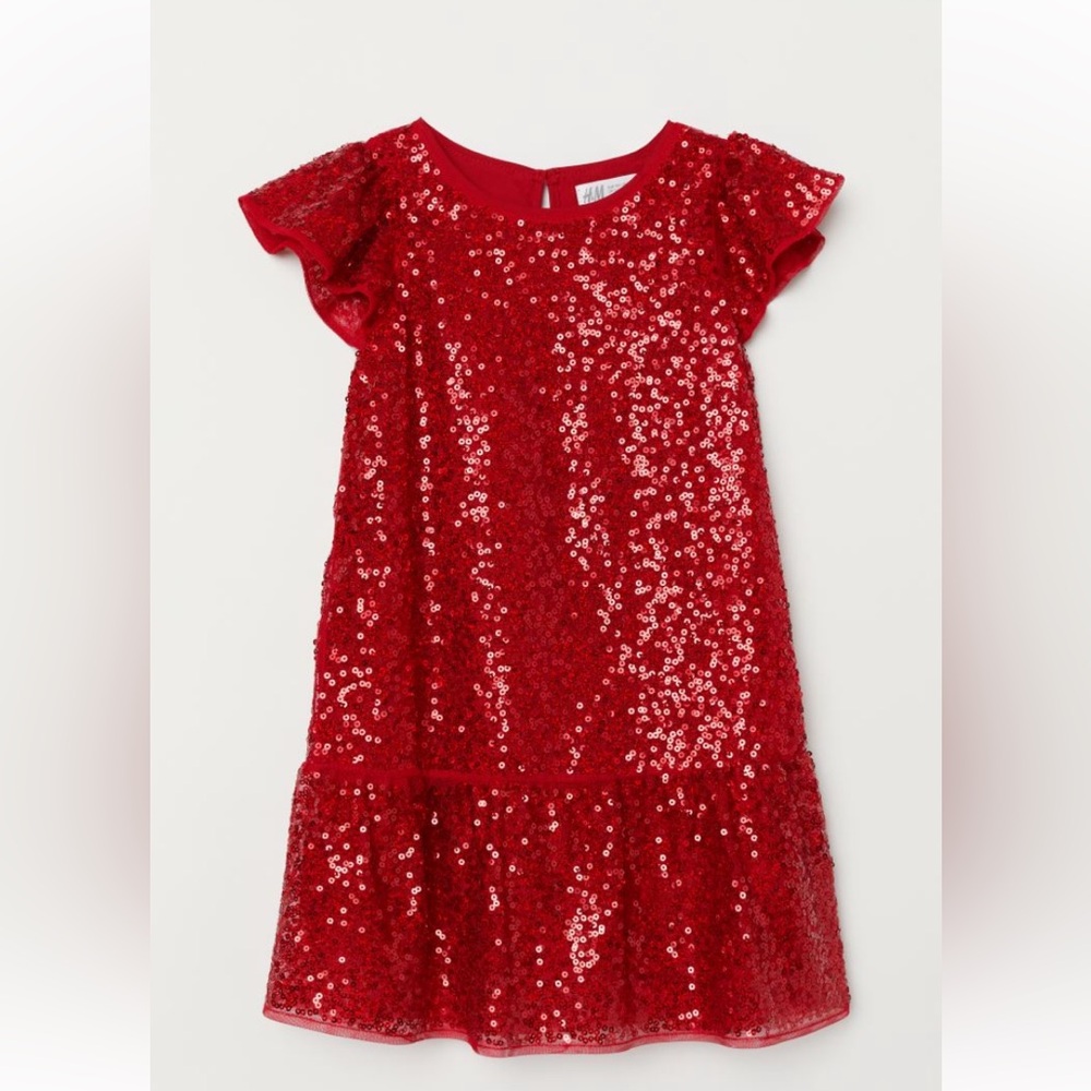 H&M Red Sequined Flutter Sleeve Party Dress Size 1.5-2 Years